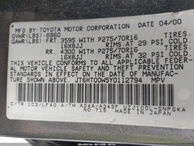 45361144 :رقم المزاد ، JT6HT00W5Y0112794 vin ، 2000 Lexus Lx 470 مزاد بيع