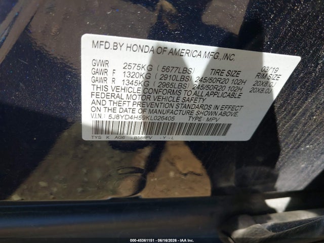2019 Acura Mdx Tech Pkg მანქანა იყიდება აუქციონზე, vin: 5J8YD4H59KL026405, აუქციონის ნომერი: 45361151