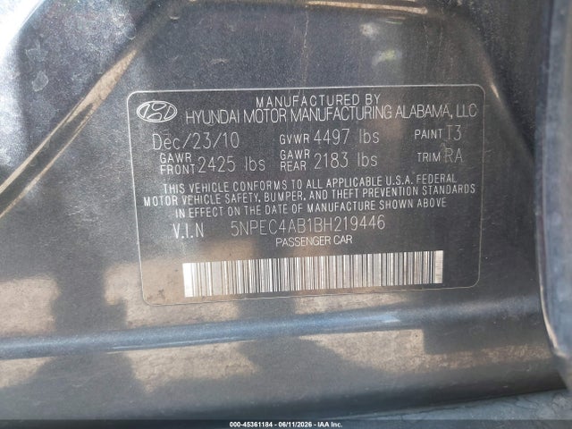 45361184 :رقم المزاد ، 5NPEC4AB1BH219446 vin ، 2011 Hyundai Sonata Se 2.0t مزاد بيع