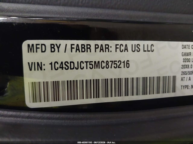 45361193 :رقم المزاد ، 1C4SDJCT5MC875216 vin ، 2021 Dodge Durango R/t مزاد بيع
