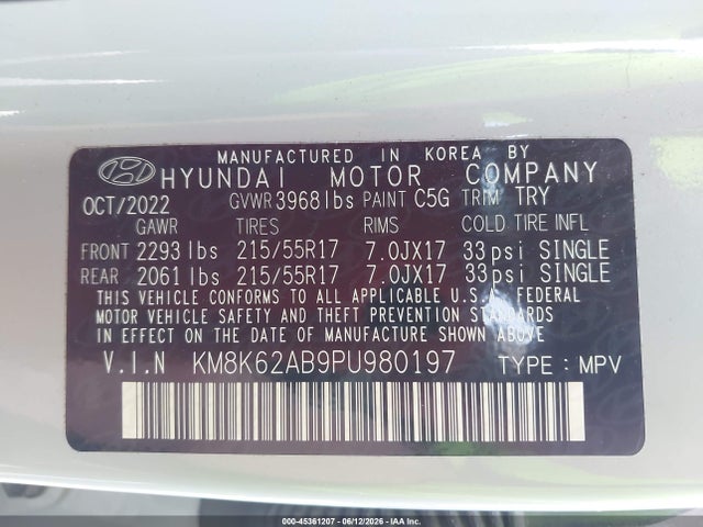 2023 Hyundai Kona Sel მანქანა იყიდება აუქციონზე, vin: KM8K62AB9PU980197, აუქციონის ნომერი: 45361207