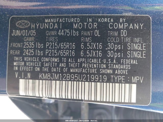 2005 Hyundai Tucson Gl მანქანა იყიდება აუქციონზე, vin: KM8JM12B95U219919, აუქციონის ნომერი: 45361217