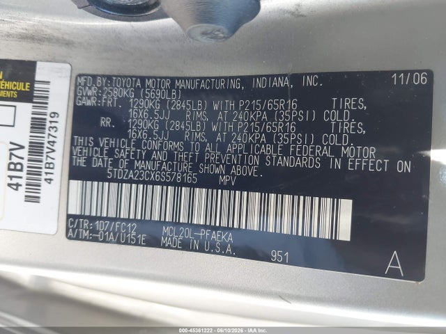 Aukcja sprzedaży 2006 Toyota Sienna Le, vin: 5TDZA23CX6S578165, numer aukcji: 45361222