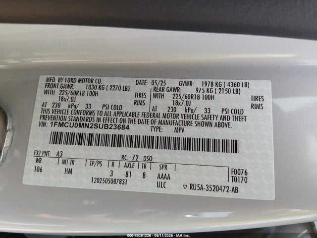 45361226 :رقم المزاد ، 1FMCU0MN2SUB23684 vin ، 2025 Ford Escape St-line مزاد بيع