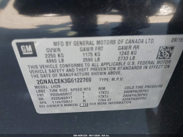 Aukcja sprzedaży 2016 Chevrolet Equinox Lt, vin: 2GNALCEK3G6122769, numer aukcji: 45361235