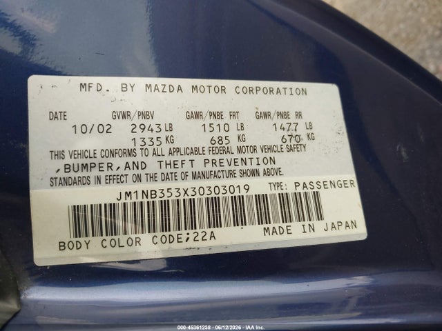 Продаж на аукціоні авто 2003 Mazda Mx-5 Miata Cloth/ls/se/shinsen, vin: JM1NB353X30303019, номер лоту: 45361238