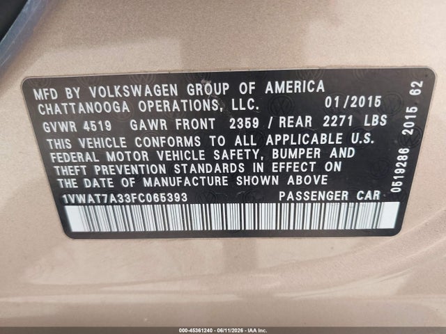Volkswagen Passat 1.8t Wolfsburg Edition 2015 1VWAT7A33FC065393 Image 9
