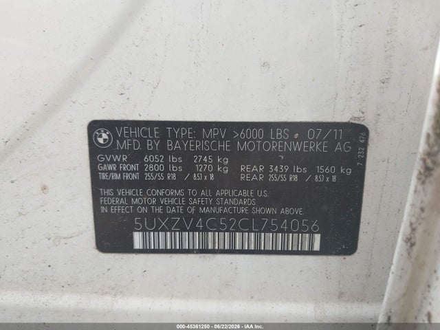 Auction sale of the 2012 Bmw X5 Xdrive35i/xdrive35i Premium/xdrive35i Sport Activity, vin: 5UXZV4C52CL754056, lot number: 45361250