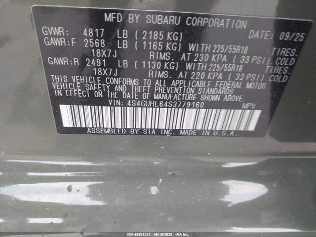 2025 Subaru Crosstrek Limited მანქანა იყიდება აუქციონზე, vin: 4S4GUHL64S3779160, აუქციონის ნომერი: 45361253