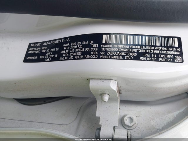45361255 :رقم المزاد ، ZASPAJAN4K7C36860 vin ، 2019 Alfa Romeo Stelvio Sport Rwd مزاد بيع