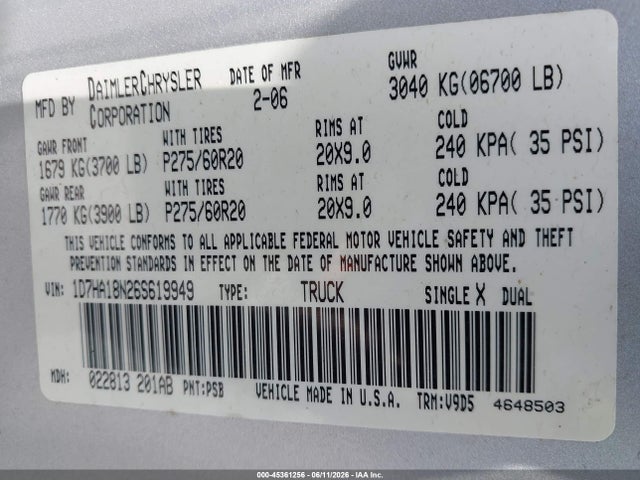 Aukcja sprzedaży 2006 Dodge Ram 1500 Slt, vin: 1D7HA18N26S619949, numer aukcji: 45361256