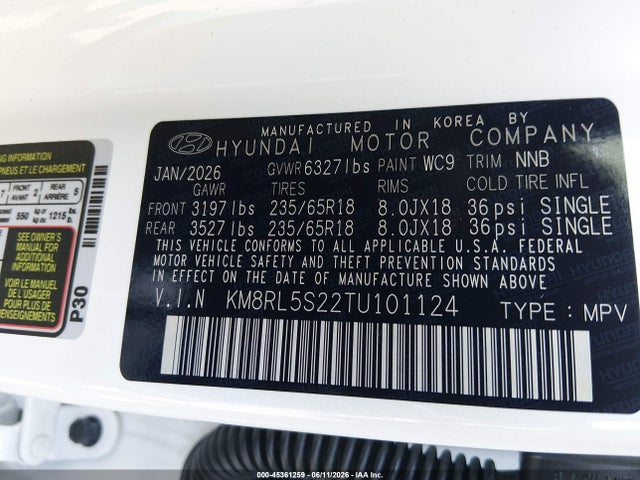 2026 Hyundai Palisade Sel 7p მანქანა იყიდება აუქციონზე, vin: KM8RL5S22TU101124, აუქციონის ნომერი: 45361259