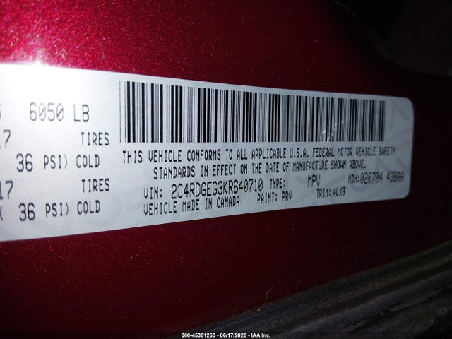 45361260 :رقم المزاد ، 2C4RDGEG3KR640710 vin ، 2019 Dodge Grand Caravan Gt مزاد بيع