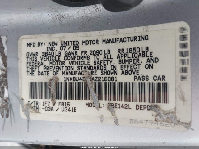 45361274 :رقم المزاد ، 1NXBU4EEXAZ216081 vin ، 2010 Toyota Corolla مزاد بيع