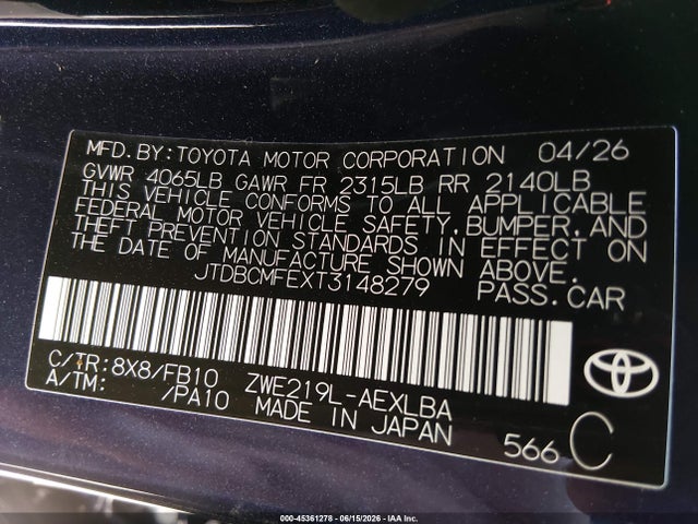 Aukcja sprzedaży 2026 Toyota Corolla Hybrid Hybrid Le, vin: JTDBCMFEXT3148279, numer aukcji: 45361278