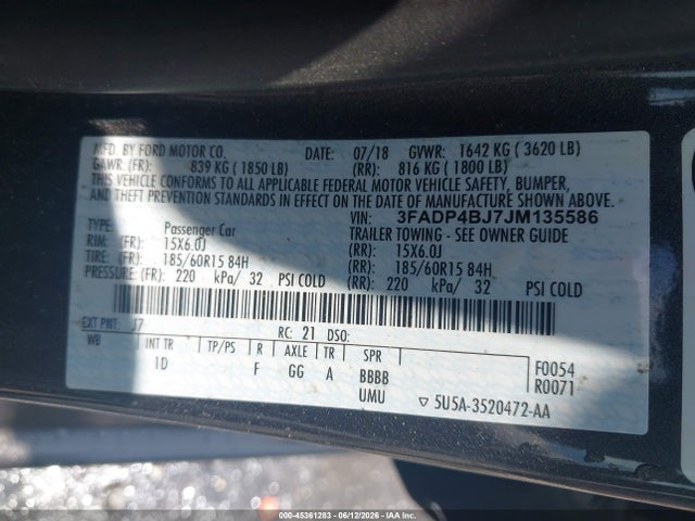 Продажа на аукционе авто 2018 Ford Fiesta Se, vin: 3FADP4BJ7JM135586, номер лота: 45361283