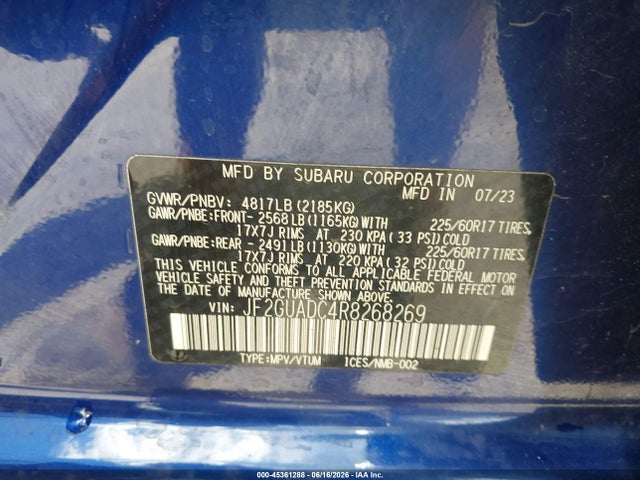 45361288 :رقم المزاد ، JF2GUADC4R8268269 vin ، 2024 Subaru Crosstrek Premium مزاد بيع