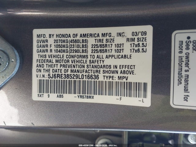 Продажа на аукционе авто 2009 Honda Cr-v Ex, vin: 5J6RE38529L016636, номер лота: 45361298