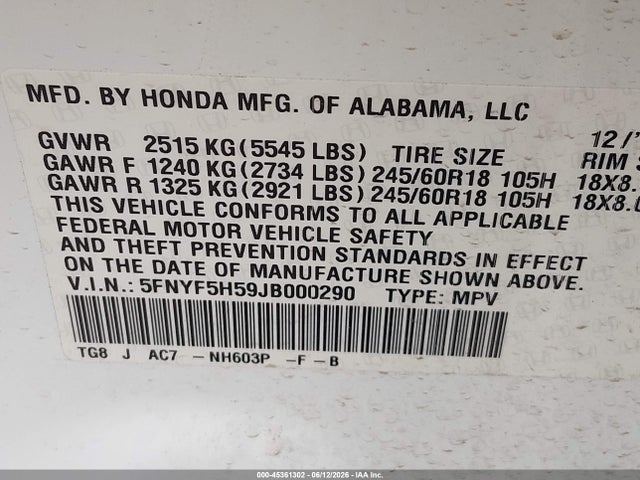 Honda Pilot Ex-l 2018 5FNYF5H59JB000290 Image 9