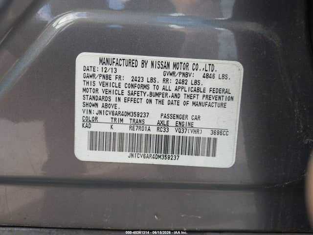2013 Infiniti G37x მანქანა იყიდება აუქციონზე, vin: JN1CV6AR4DM359237, აუქციონის ნომერი: 45361314