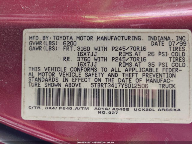 Aukcja sprzedaży 2000 Toyota Tundra Sr5 V8, vin: 5TBRT3417YS012506, numer aukcji: 45361317