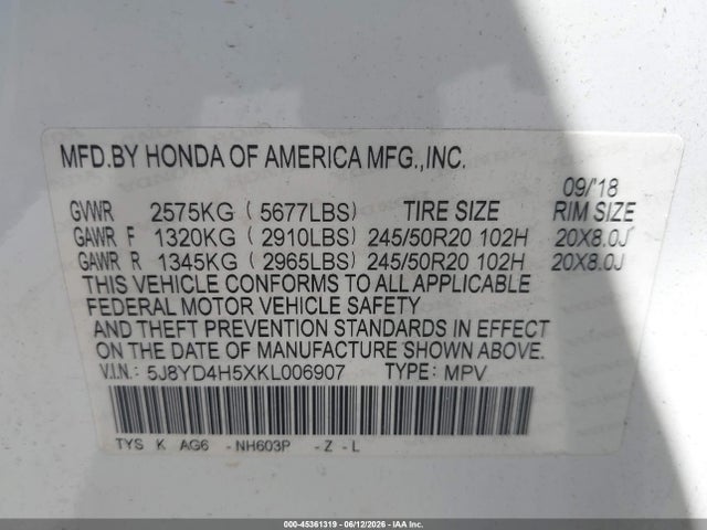 45361319 :رقم المزاد ، 5J8YD4H5XKL006907 vin ، 2019 Acura Mdx Tech Pkg مزاد بيع