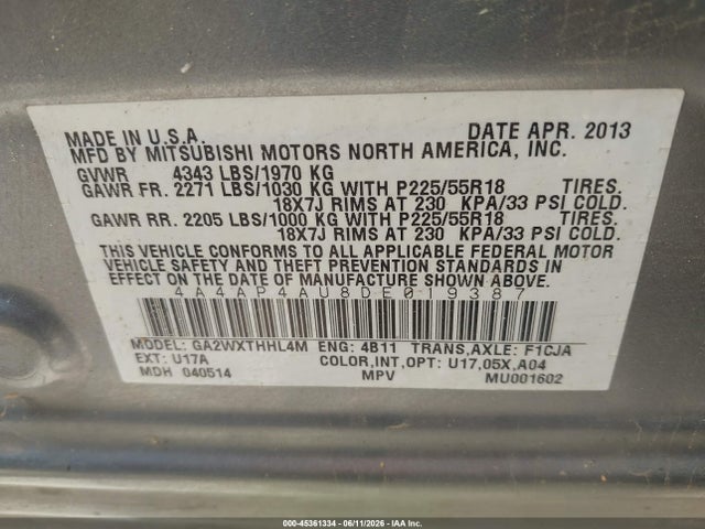 Aukcja sprzedaży 2013 Mitsubishi Outlander Sport Se, vin: 4A4AP4AU8DE019387, numer aukcji: 45361334