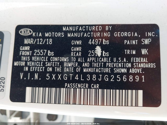 2018 Kia Optima Lx მანქანა იყიდება აუქციონზე, vin: 5XXGT4L38JG256891, აუქციონის ნომერი: 45361342