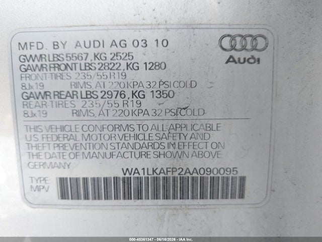Продаж на аукціоні авто 2010 Audi Q5 3.2 Premium, vin: WA1LKAFP2AA090095, номер лоту: 45361347