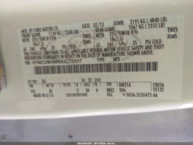 Продажа на аукционе авто 2013 Ford Escape Sel, vin: 1FMCU9H95DUC70537, номер лота: 45361367