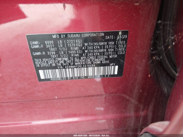 Aukcja sprzedaży 2020 Subaru Ascent Premium, vin: 4S4WMAFD6L3416499, numer aukcji: 45361384