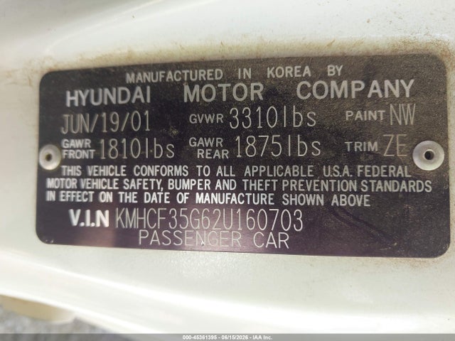 Продаж на аукціоні авто 2002 Hyundai Accent L, vin: KMHCF35G62U160703, номер лоту: 45361395