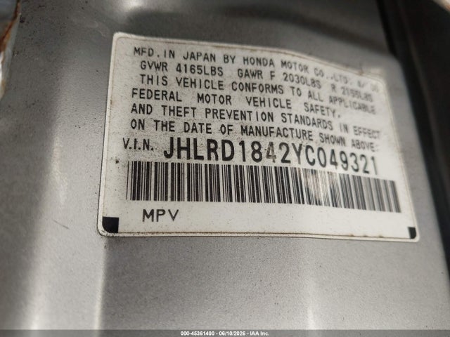 Продаж на аукціоні авто 2000 Honda Cr-v Lx, vin: JHLRD1842YC049321, номер лоту: 45361400