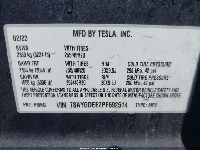 Продажа на аукционе авто 2023 Tesla Model Y Awd/long Range Dual Motor All-wheel Drive, vin: 7SAYGDEE2PF692514, номер лота: 45361406