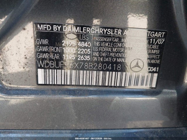 Aukcja sprzedaży 2008 Mercedes-benz E 350, vin: WDBUF56X78B280418, numer aukcji: 45361407
