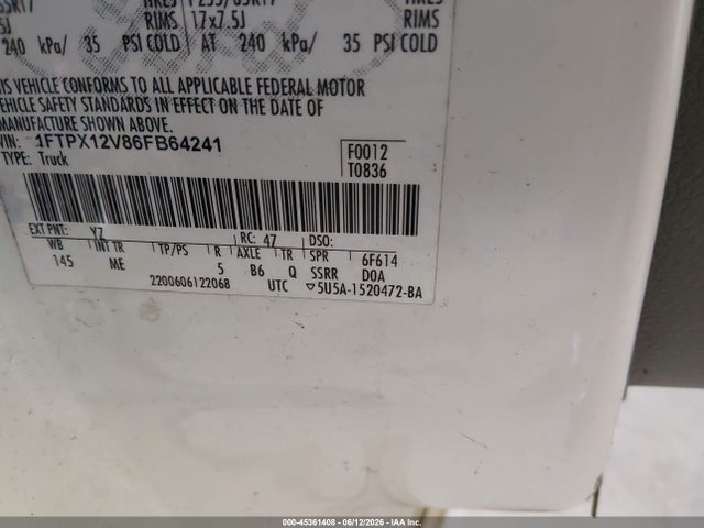 45361408 :رقم المزاد ، 1FTPX12V86FB64241 vin ، 2006 Ford F-150 Lariat/xl/xlt مزاد بيع