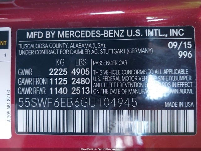 Auction sale of the 2016 Mercedes-benz C 450 Amg 4matic, vin: 55SWF6EB6GU104945, lot number: 45361410