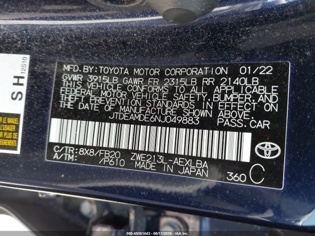 Продаж на аукціоні авто 2022 Toyota Corolla Hybrid Le, vin: JTDEAMDE6NJ049883, номер лоту: 45361443