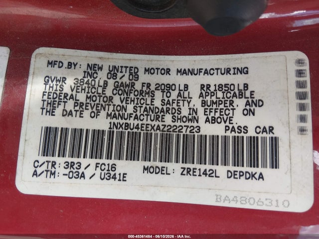 2010 Toyota Corolla Le მანქანა იყიდება აუქციონზე, vin: 1NXBU4EEXAZ222723, აუქციონის ნომერი: 45361484