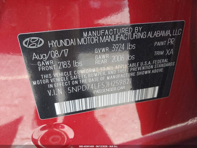 5NPD74LF5JH259821 Hyundai ELANTRA SE