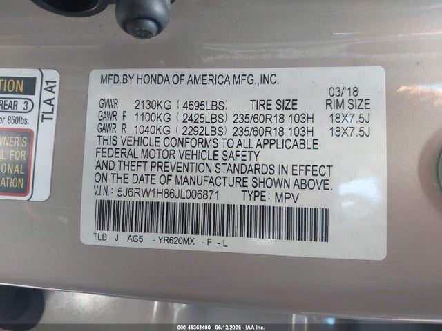 5J6RW1H86JL006871 Honda Cr-v Ex-l/ex-l Navi