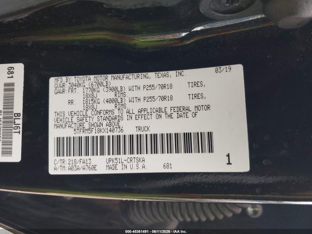 2019 Toyota Tundra Sr 4.6l V8 მანქანა იყიდება აუქციონზე, vin: 5TFRM5F18KX140736, აუქციონის ნომერი: 45361491
