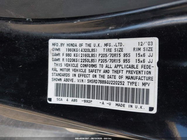 Aukcja sprzedaży 2004 Honda Cr-v Ex, vin: SHSRD78894U220252, numer aukcji: 45361507