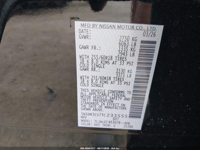 Aukcja sprzedaży 2026 Nissan Pathfinder Sl, vin: 5N1DR3CS7TC233555, numer aukcji: 45361517