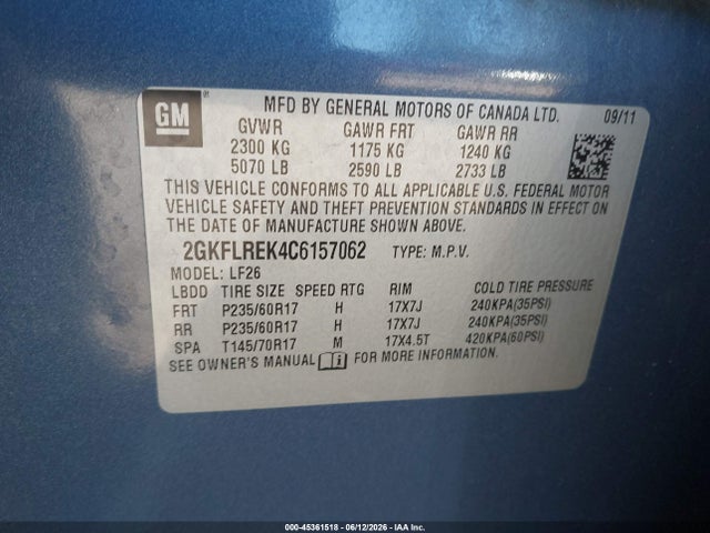 45361518 :رقم المزاد ، 2GKFLREK4C6157062 vin ، 2012 Gmc Terrain Sle-1 مزاد بيع