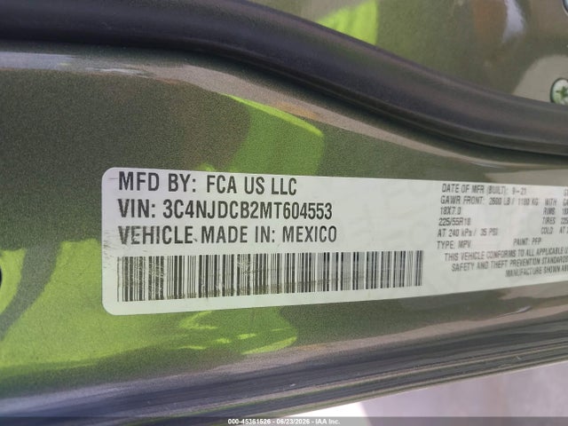 Продаж на аукціоні авто 2021 Jeep Compass Limited 4x4, vin: 3C4NJDCB2MT604553, номер лоту: 45361526