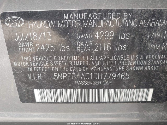 2013 Hyundai Sonata Gls მანქანა იყიდება აუქციონზე, vin: 5NPEB4AC1DH779465, აუქციონის ნომერი: 45361549