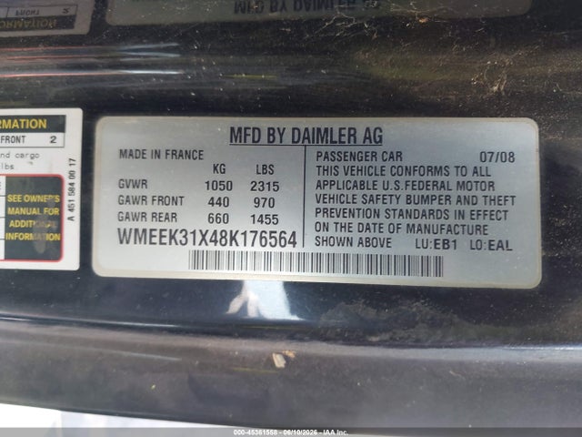 45361558 :رقم المزاد ، WMEEK31X48K176564 vin ، 2008 Smart Fortwo Passion مزاد بيع