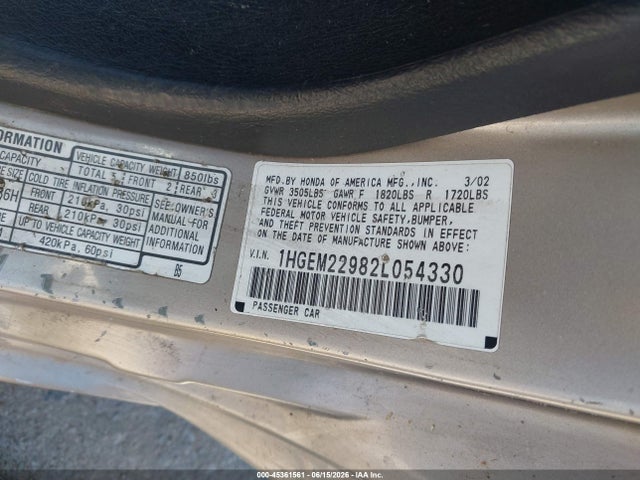 Aukcja sprzedaży 2002 Honda Civic Ex, vin: 1HGEM22982L054330, numer aukcji: 45361561