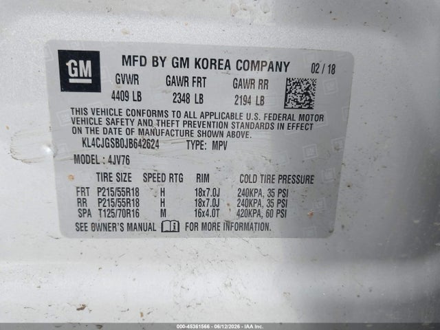 45361566 :رقم المزاد ، KL4CJGSB0JB642624 vin ، 2018 Buick Encore Essence مزاد بيع